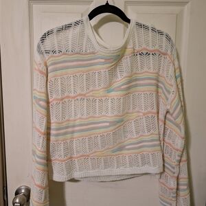 White Open-Knit Pastel Stripe Sweater